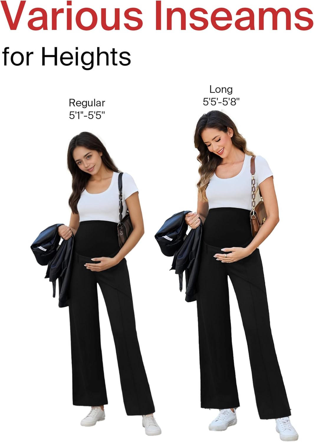 Ecavus Women's Maternity Pants Over Belly Seamless Stretchy Work Pants Dual Length Maternity Wide Leg Pants with Pockets Black - Image 5