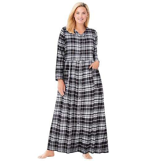 Only Necessities Women's Plus Size Flannel Plaid Lounger House Dress or Nightgown - 1X, Black Plaid