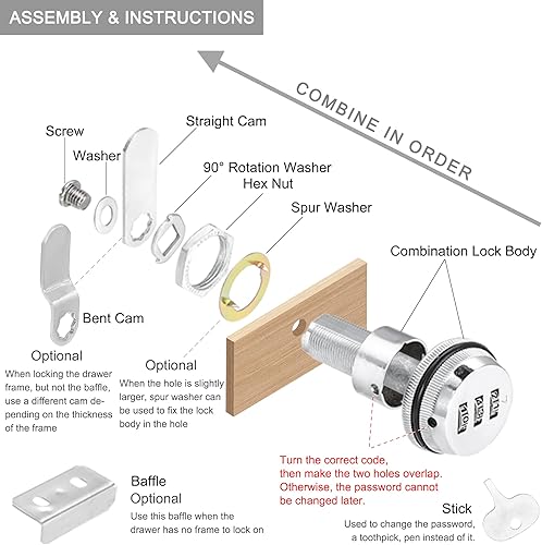 Miniatura 3 de CozyTower - Cerradura de combinación de números para archivador, cerradura de leva sin llave de 1-18 pulgadas para buzón de cajón de escritorio