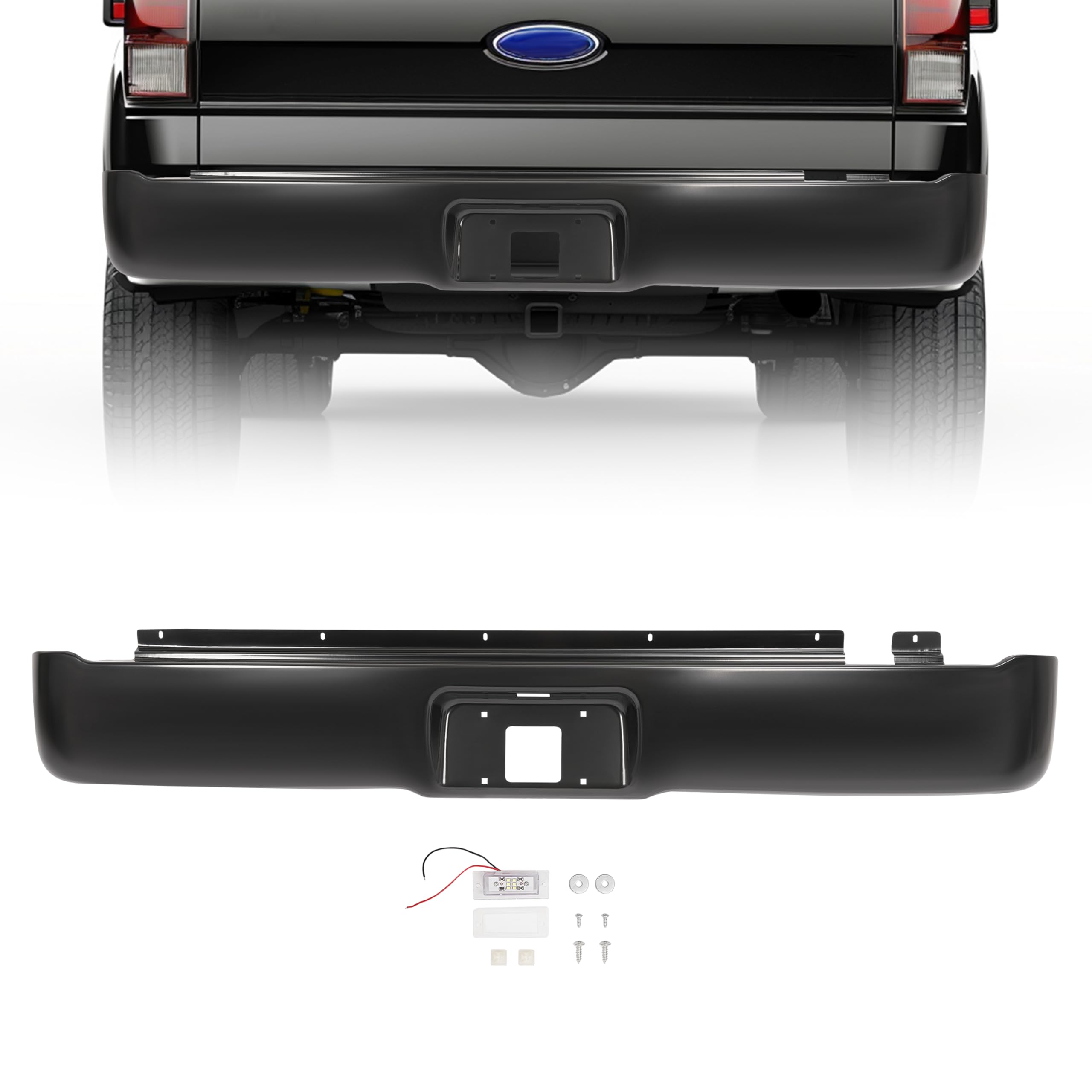 KUAFU Rear Roll Pan Compatible with 2004-2014 Ford F150 F-150 Fleetside/Styleside - Standard Bed Models Rear Bumper Rollpan w/License Light LED Electrophoresis Steel