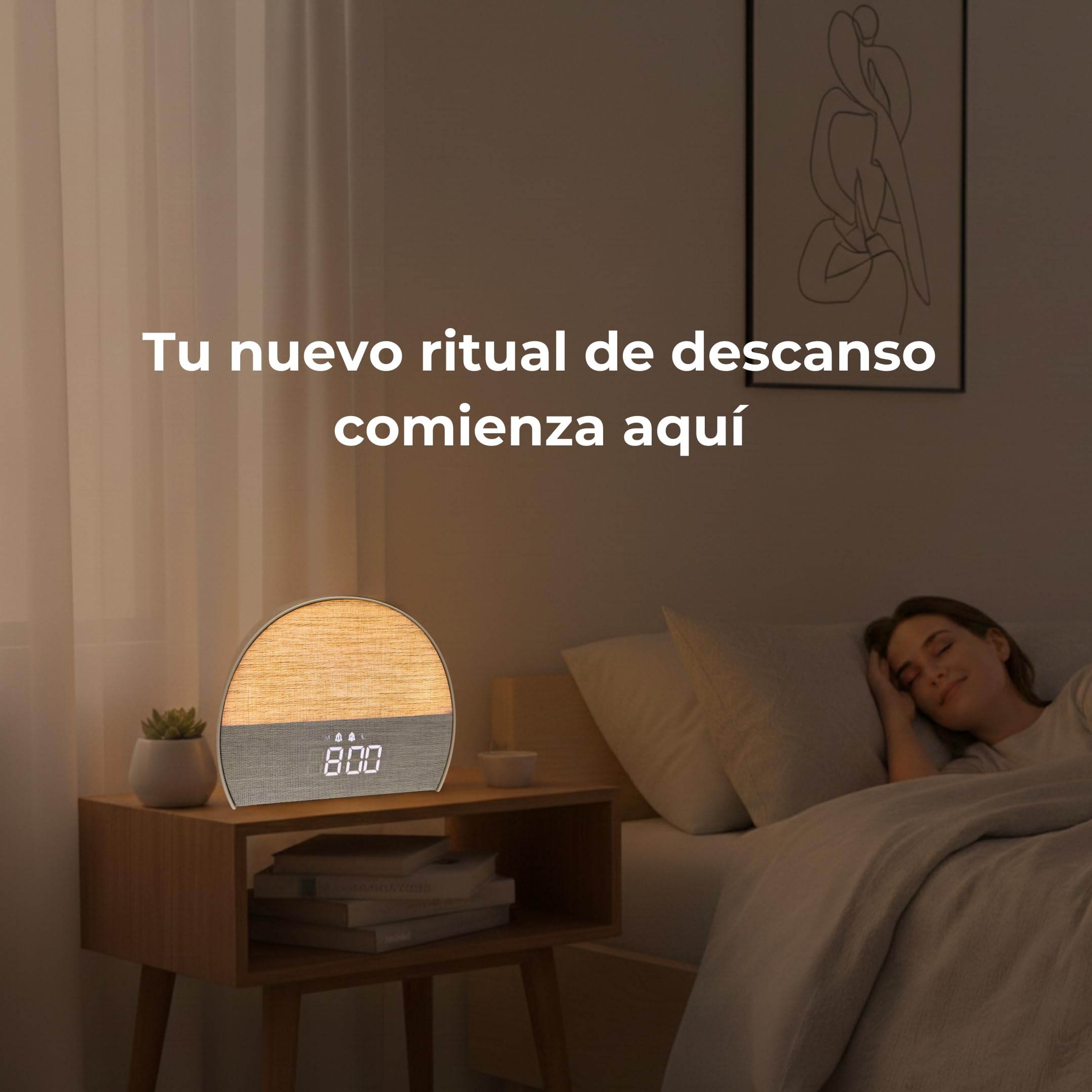 ONARA Despertador Amanecer, Despertador luz Natural simulacion Amanecer, 10 Sonidos Relajantes Naturaleza, 5 Sonidos Blancos, Altavoz Bluetooth, Radio FM, Temporizador, 20 Brillos, 2 Alarmas y Snooze
