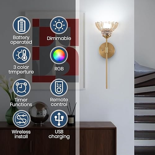 Miniatura 2 de Juego de 2 apliques de pared a pilas, lámpara de pared de tocador de baño de mediados de siglo con bombillas LED recargables, lámparas de pared LED