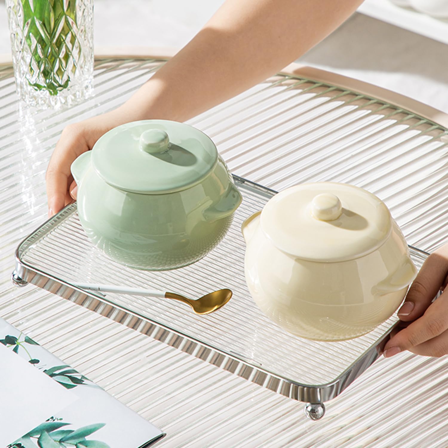 Cuenco pequeño con tapa, 450 ml, apto para horno, microondas, taza de sopa (verde mate)