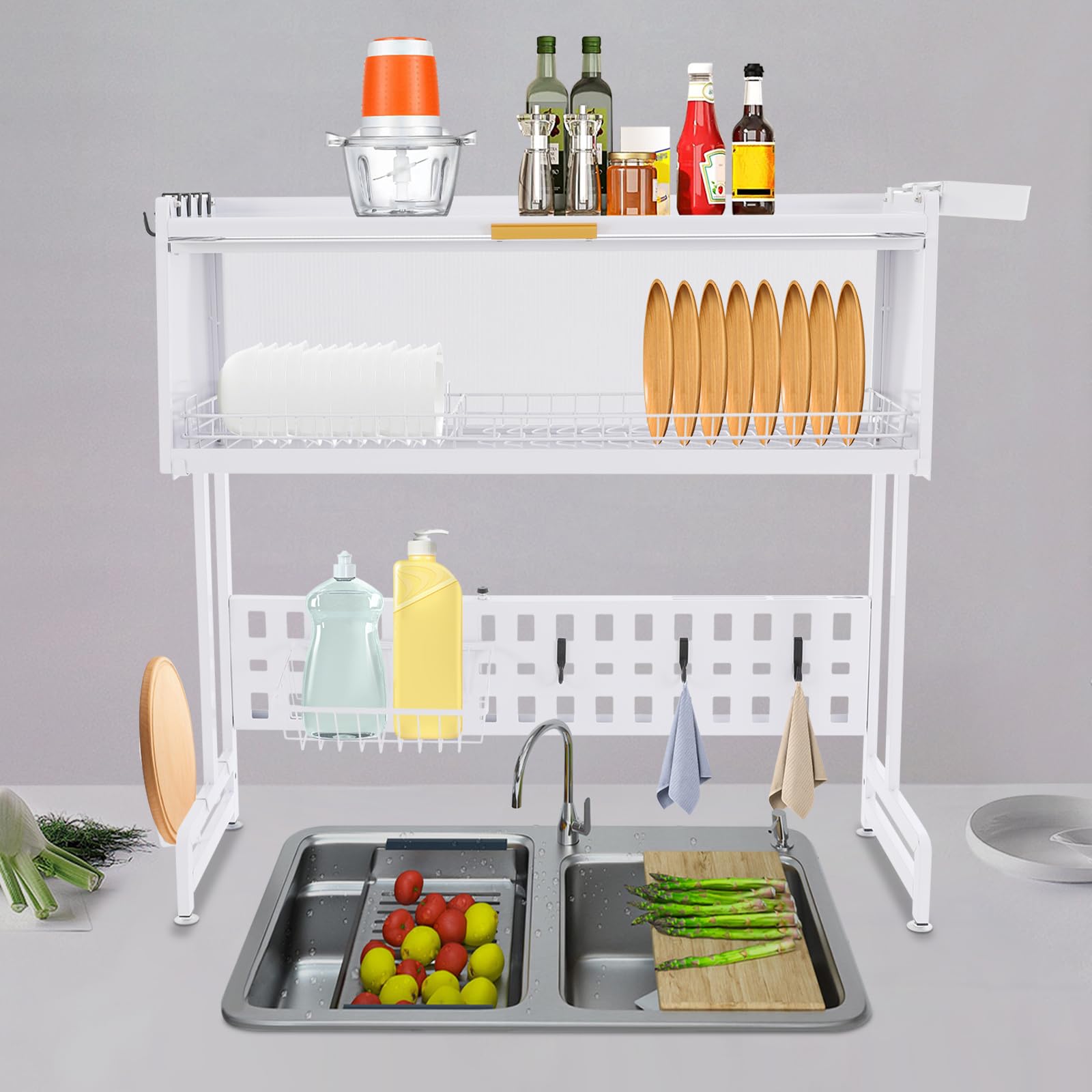 Escurreplatos sobre el fregadero, escurreplatos para platos sobre el fregadero con soporte telescópico ajustable para almacenamiento de cocina para fregaderos de hasta 84 cm
