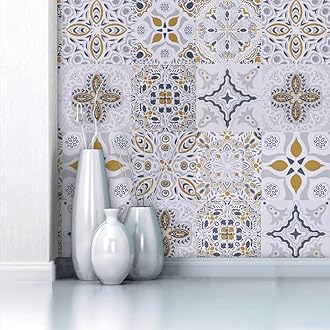 Timeet Self Adhesive Wallpaper Glossy Tile Effect Sticky Back Plastic Peel and Stick Wallpaper Contact Paper Vinyl Flim Tile Stickers Waterproof Backsplash Kitchen Countertop Shelf 44 x 200cm