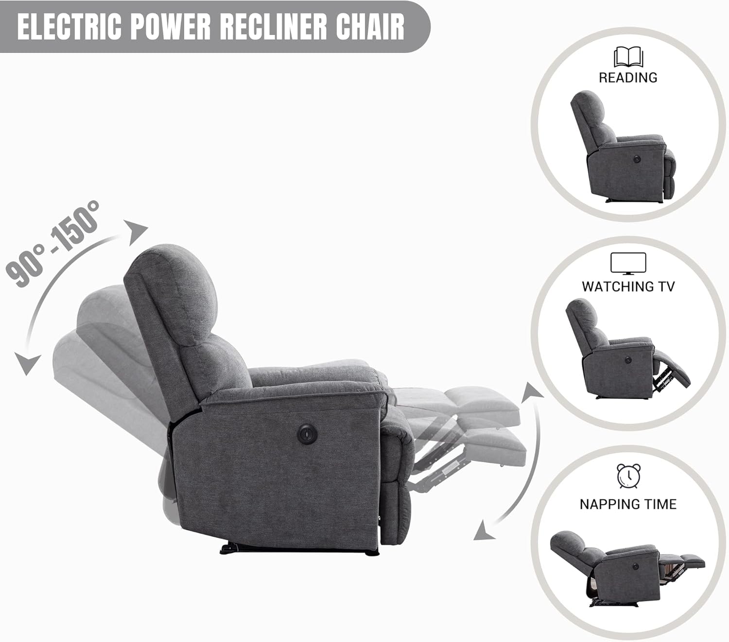 Diagram showing the EBELLO Power Recliner Chair reclining from 90 to 150 degrees, with icons for reading, watching TV, and napping