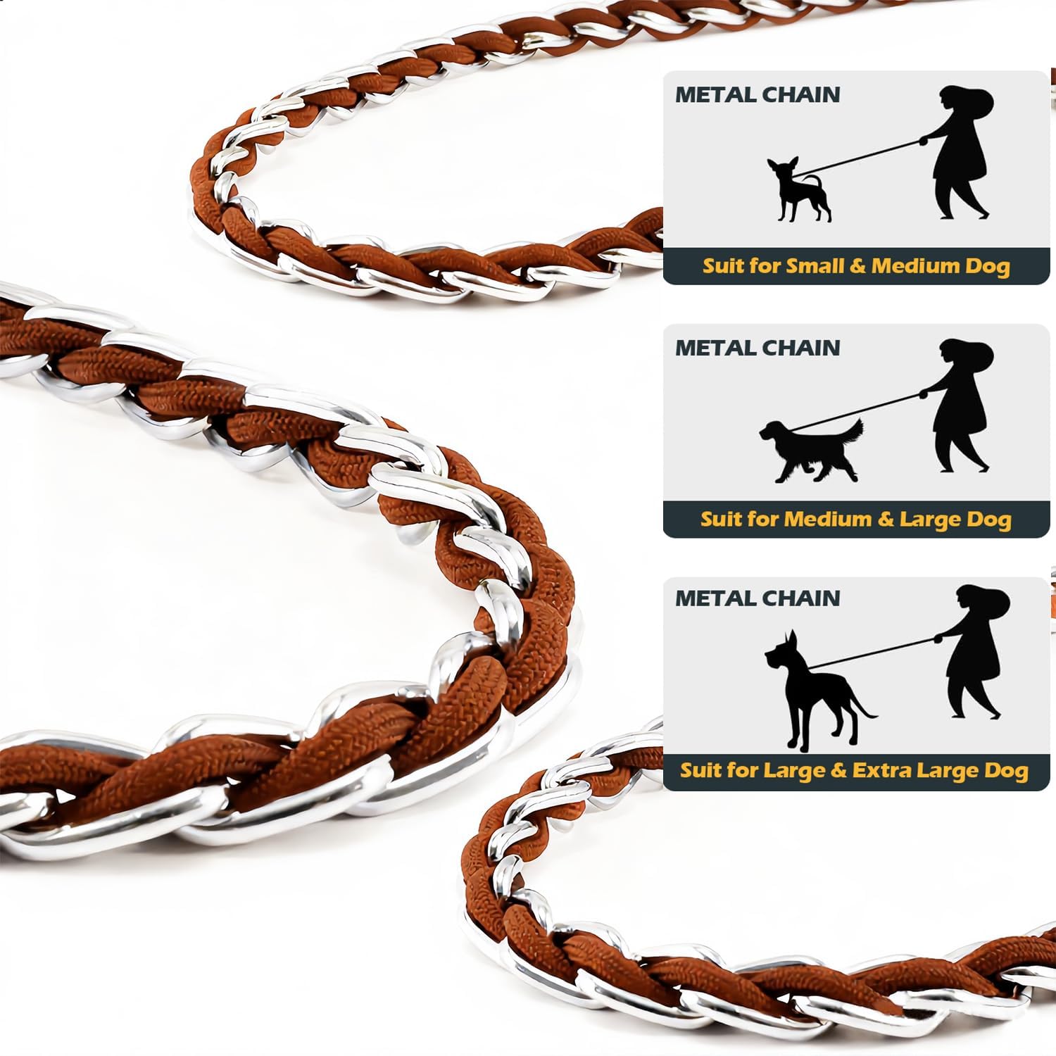 Chain Dog Leash Chew Proof Metal Leash for Medium Large Dogs, Chain Link Dog Anti Chew 5.2FT / 4FT Strong Anti Bite Comfortable Soft Padded Handle (Brown, 5.2FT(80-150lb))