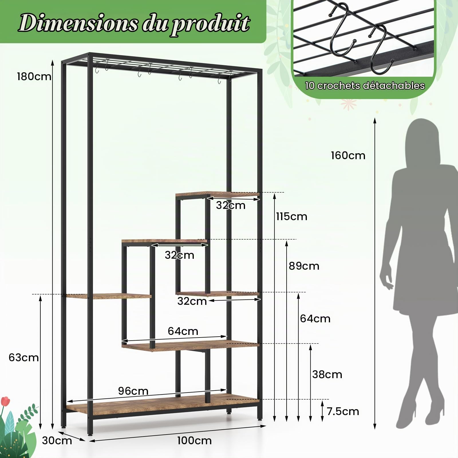 GOPLUS Support Plantes Intérieur avec 6 Étagères, Porte Plante Intérieur pour Pots de Fleurs, 10 Crochets, Étagère à Fleur en Bois et en Métal, Idéal pour Balcon, Salon, 100 x 30 x 180 CM (Marron)