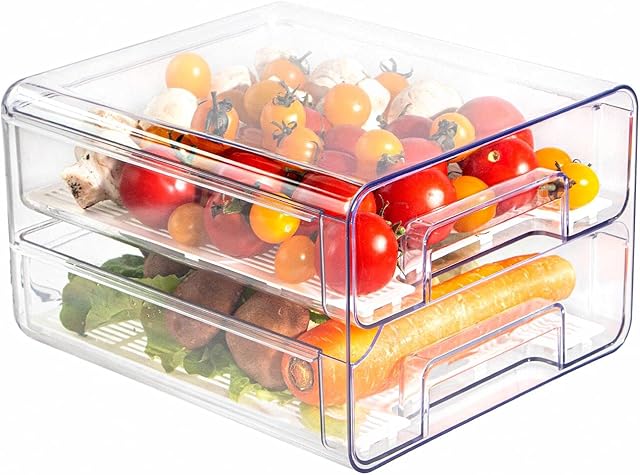 BigTron Food Storage Double Layer Container with Lids Removable Drain Tray for Refrigerator, Food Fruit Vegetables ,fridge organizer Stackable Meal Fresh Keeper Bins Clear