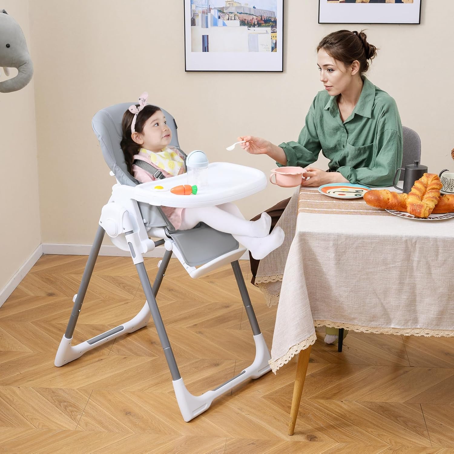 HONEY JOY Baby High Chair with Wheels, Foldable & Self-Stand Feeding Chair w/Toy Bar, Removable Cushion & Tray, Adjustable Heights & Recline Seat, Portable Highchair for Babies & Toddlers (Gray)