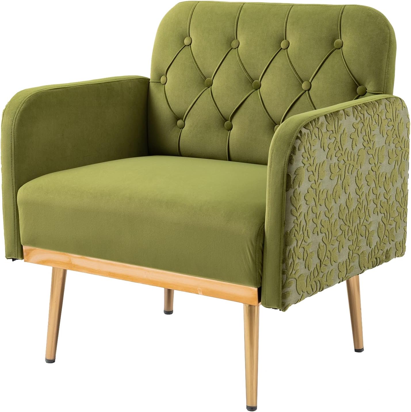 Velvet Tufted Accent Chair Comfort Living Room Lounge Armchair, Upholstered Sofa Chair with Rose Gold Metal Trim, Square Bedroom Chair Perfect for Relaxing for Bedroom Office Decorative
