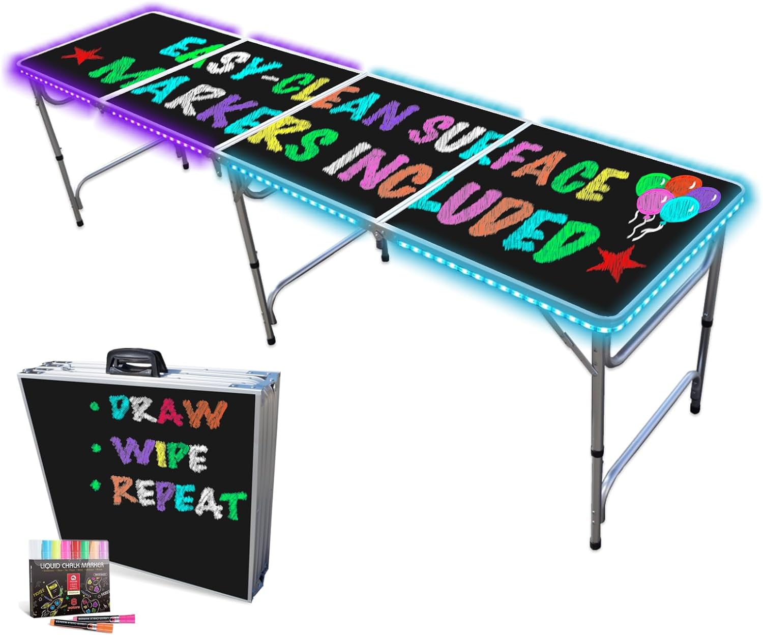 PartyTable 8 Foot or 4 Foot Portable Folding Adjustable Table w/LED Lights & Erasable Surface