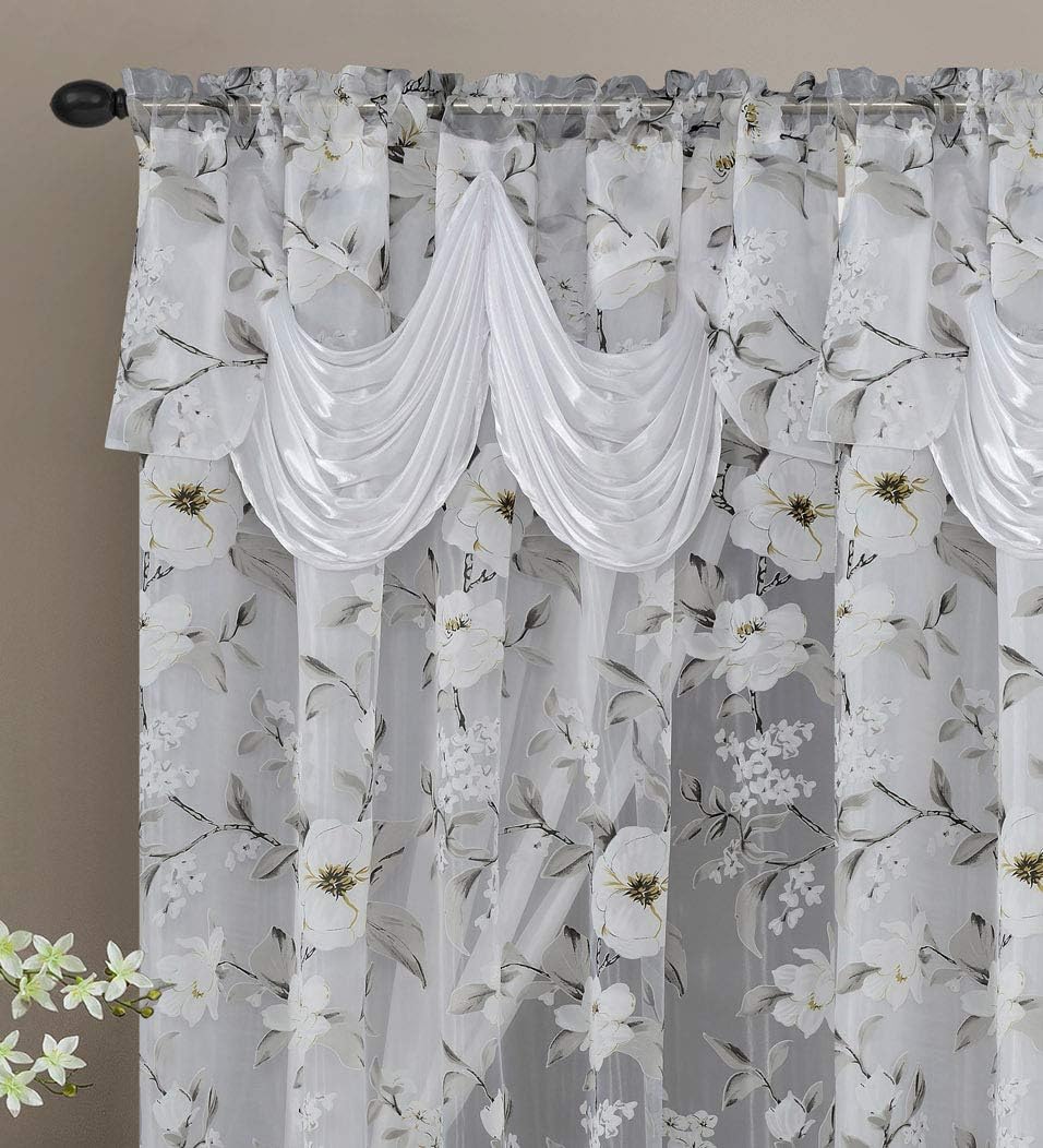 GOHD Roman Romance. Farmhouse Burnt-Out Printed Organza Window Curtain Panel Drape with Attached Fancy Valance and Taffeta Backing (White, 55 x 84 inches + Attached Valance x 2pcs)