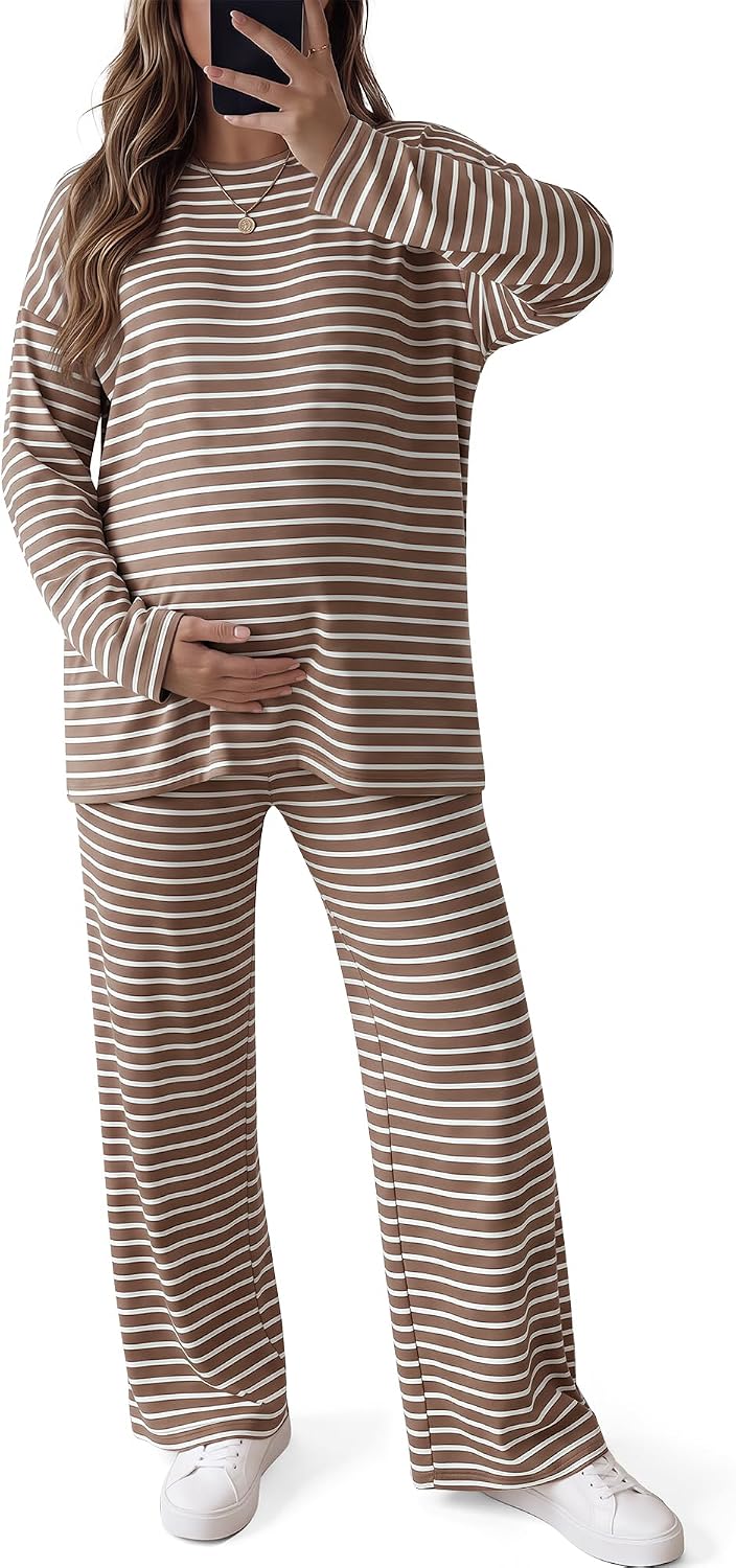 Maternity 2 Piece Outfits Pregnancy Striped Set