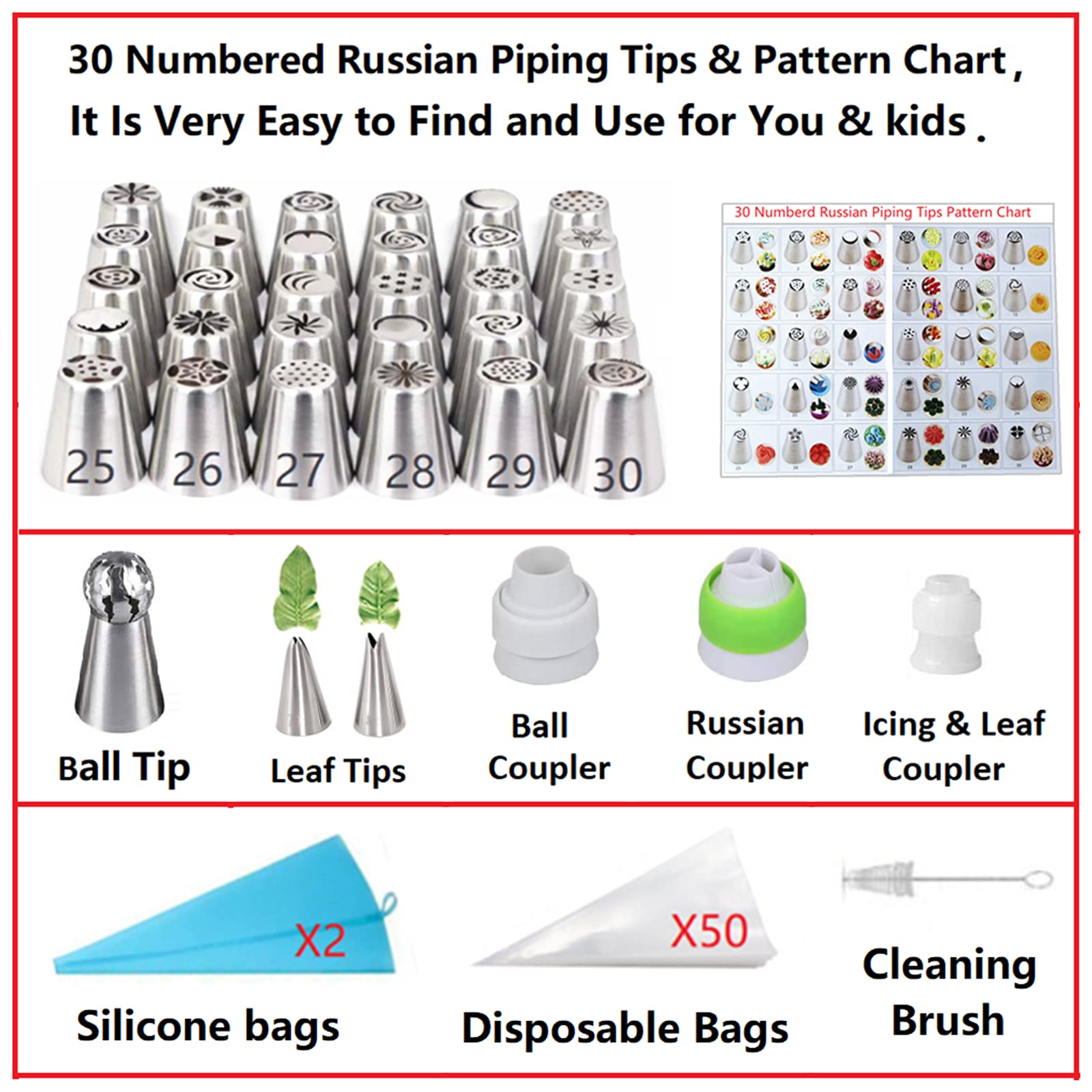 ANSLYQA 91 Pcs Russian Piping Tips Set with 30 Numbered Russian Tips &amp; Pattern Chart,1 Ball Tip ...