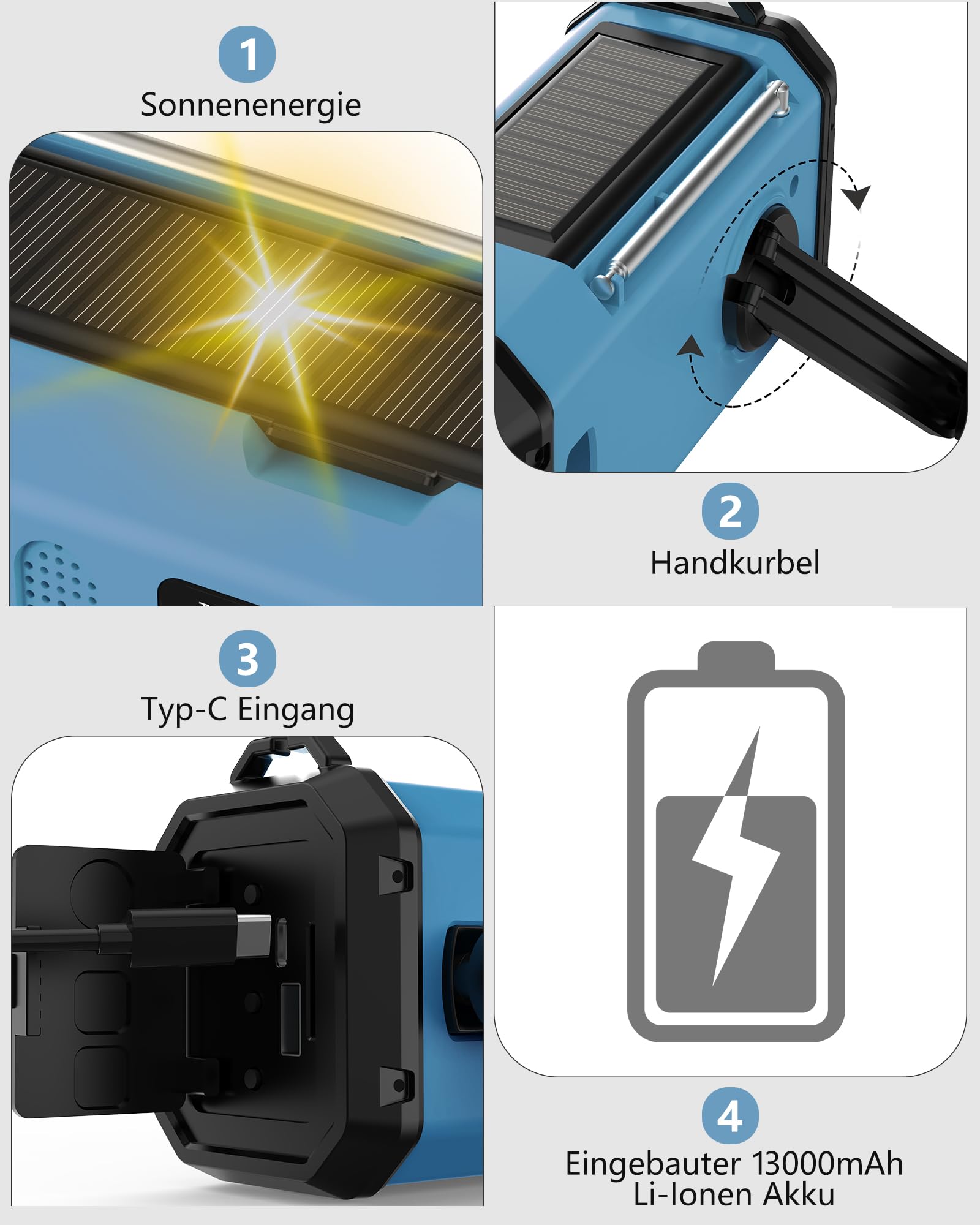 48100mWh Kurbelradio Notfall Radio, Solar Radio mit Weltempfänger, AM FM Radio Dynamo Notradio mit HandyLadegerät, Aufladbar Taschenlampe&Leseleucht, Kompass,SOS für Stromausfälle Ourdoor Camp Notfall