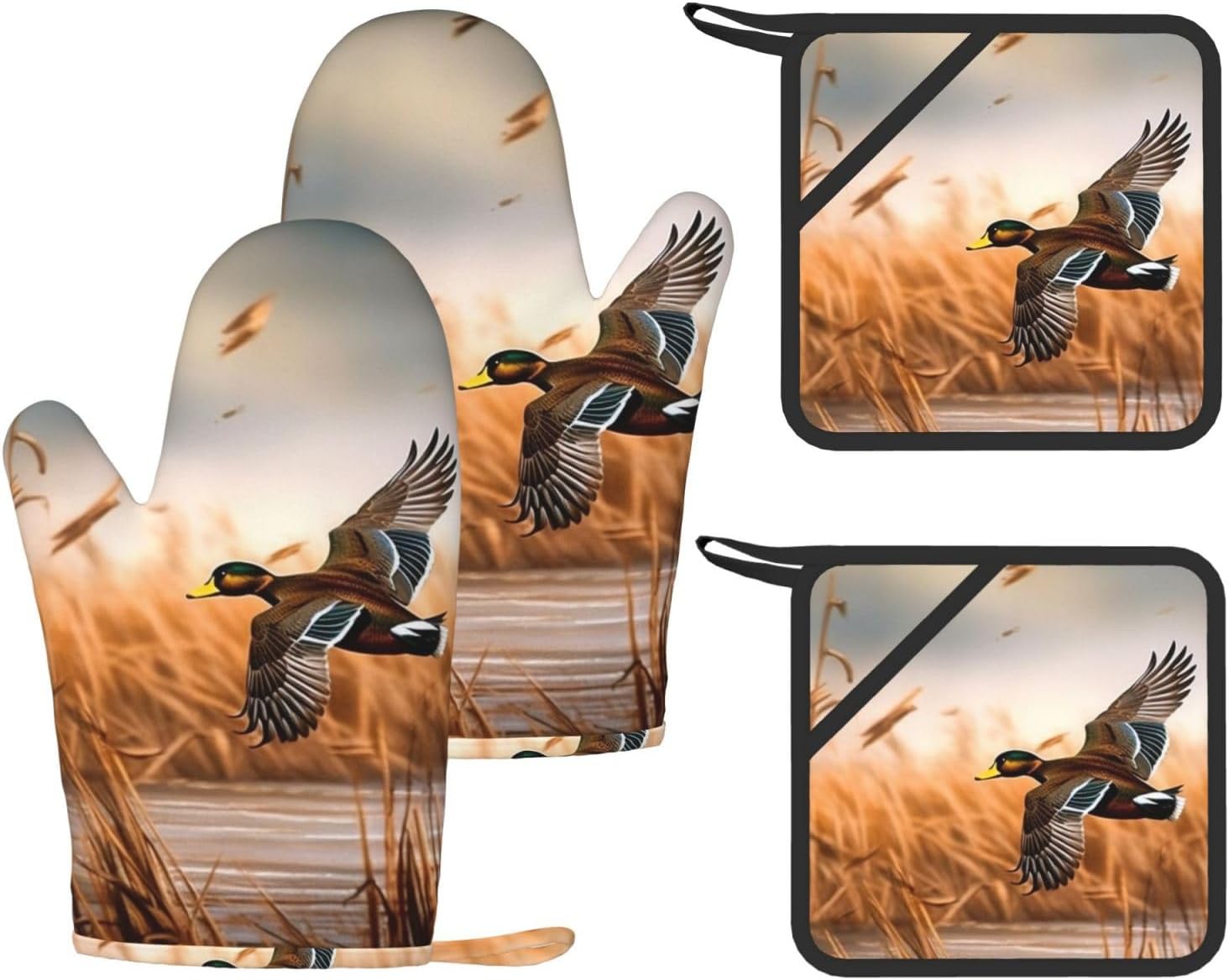 Hunting Flying Wild Duck 4pcs Oven Mitts and Pot Holders Sets for Kitchen, Silicone Oven Gloves Non-Slip Potholders Hot Pads for Baking Cooking