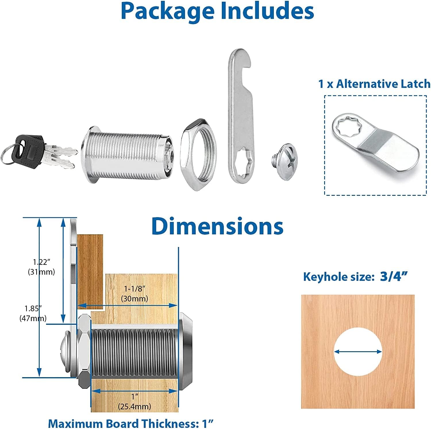 goldenwarm 4 Pack Cam Locks Keyed Alike Cabinet Lock File Locks 1-1/8'' Toolbox Lock with Keys Mailbox Lock, Fits on 1'' Board Thickness, Zinc Alloy with Satin Nickel Finish