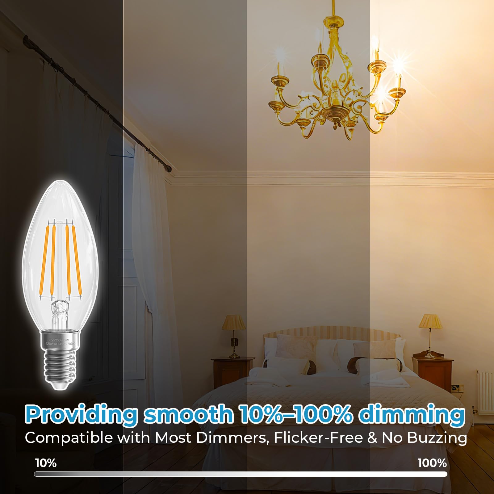 GvvooHome E12 Candelabra Light Bulbs, 4W LED, 40 watt Equivalent Dimmable E12 LED Bulb 2700K Warm White, E12 Base B10 Shpe Candle Light Bulb for Chandelier, 90+CRI, 400LM, Clear Glass, 6 Pack - 5