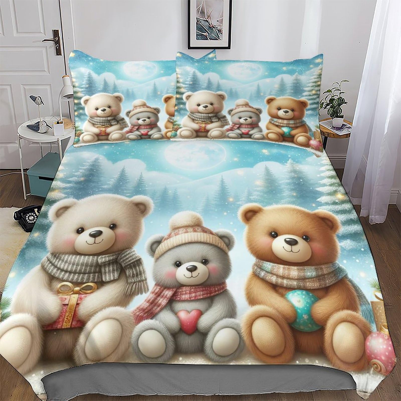 Housse de couette ours 3 pièces parure de lit microfibre King