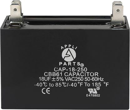 Appli Parts CAP-18-250 Fan Capacitor 18 mfd microfarads uf 250 VAC with 4 Terminal Connections compatible with any brand within the same range of capacitance 2-1/4 Width, 7/8 Depth, 1-7/8 in Height