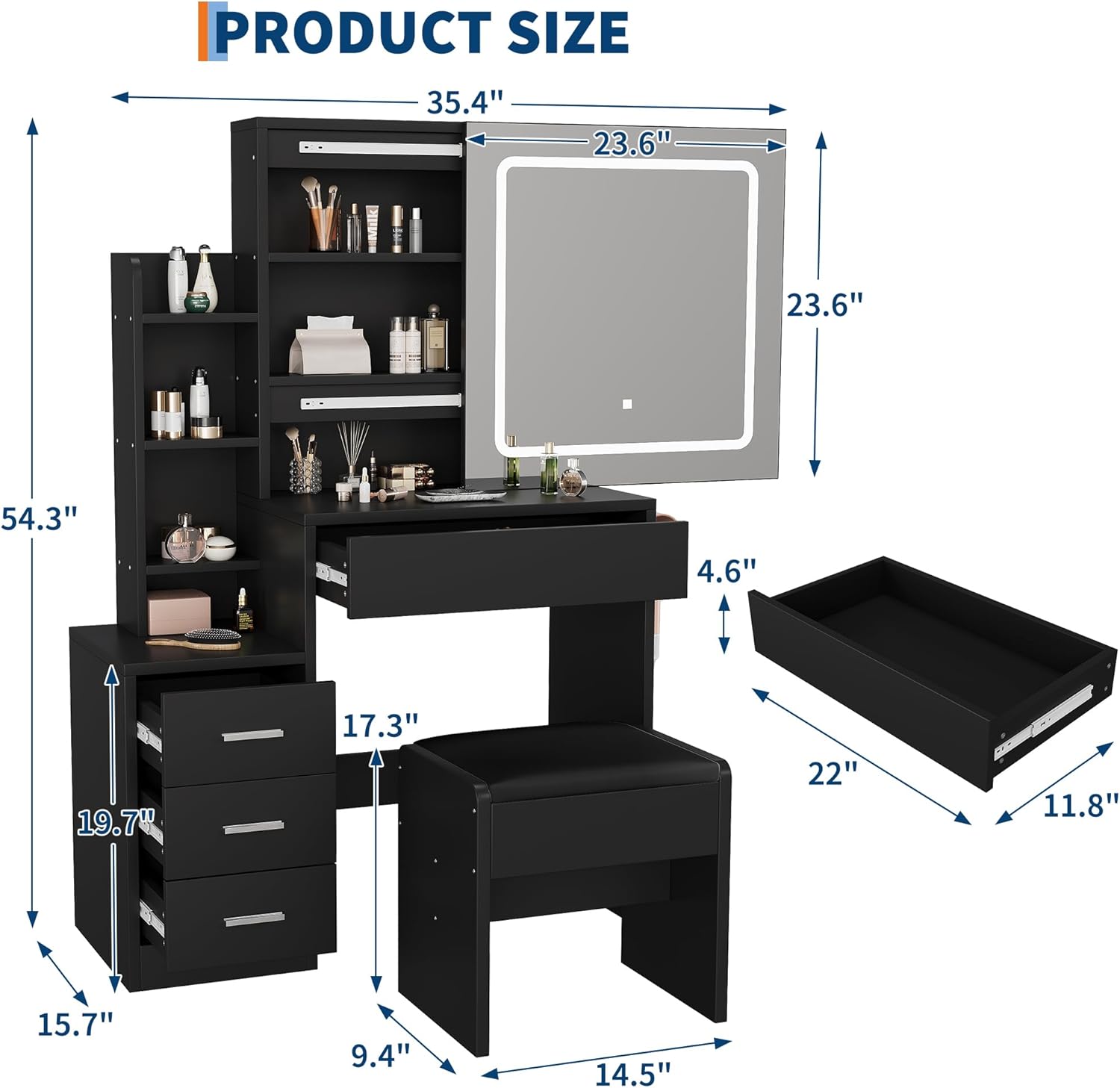 LED Lighted Vanity with Stool, 4 Drawers Makeup Vanity Table with Sliding Mirror & Open Shelves, Modern Dressing Vanity Set for Bedroom Bathroom, Black
