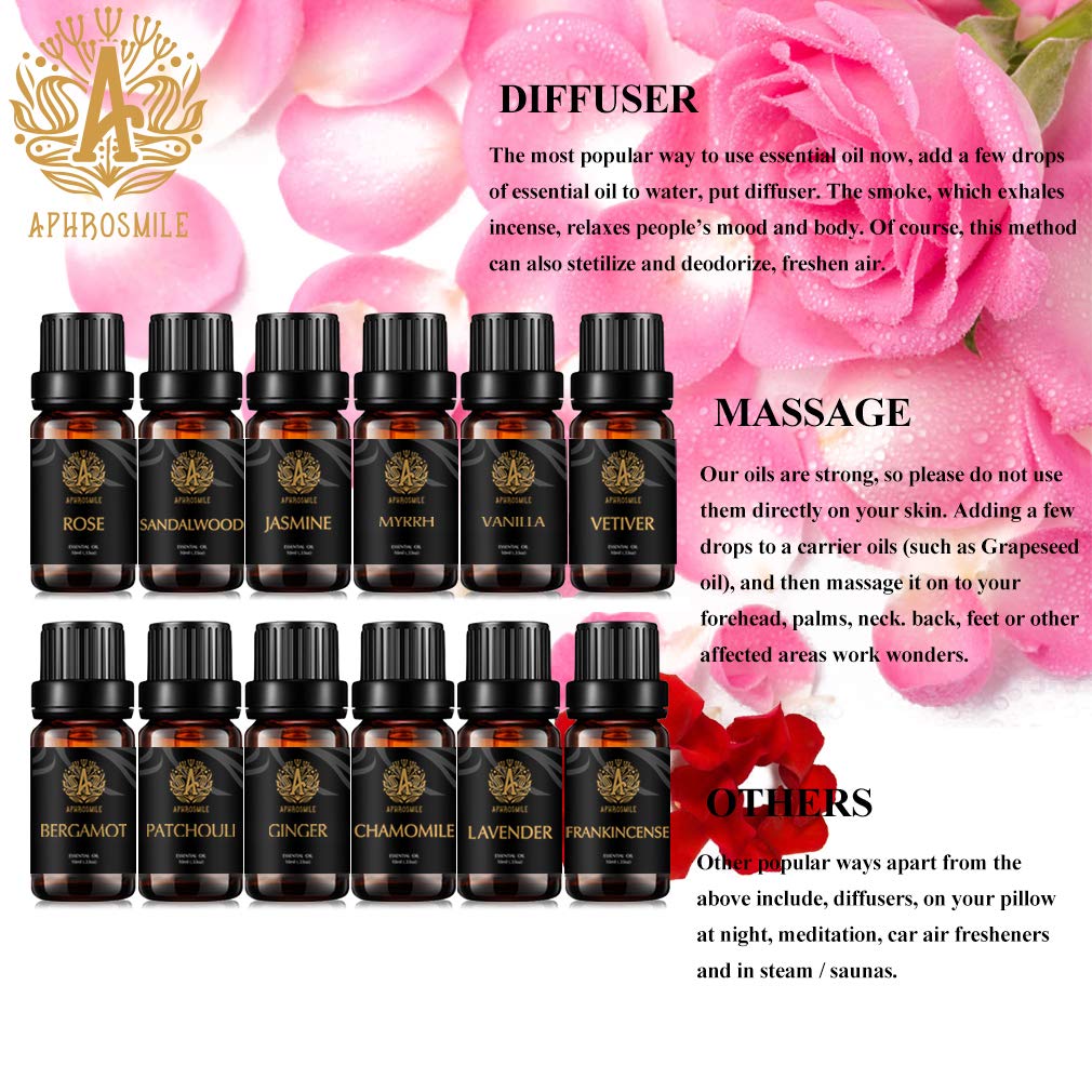Aromatherapie Vanille ätherisches Öl Set für Diffusor- Rose,Jasmin, Sandelholz, Patchouli Öle..., 100% pure Vetiver ätherische Öle Set, 12x10ml Myrrhe ätherisches Öl Kit für Hause