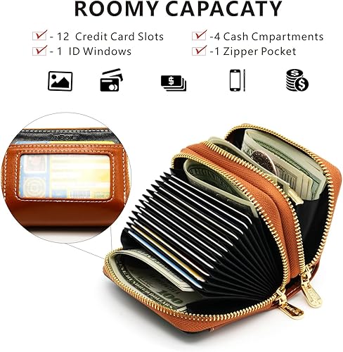 Miniatura 4 de ANDOILT Cartera pequeña de piel auténtica para mujeres y hombres, bloqueo RFID, con doble cremallera, acordeón, tarjetero y llavero, L1 marrón,