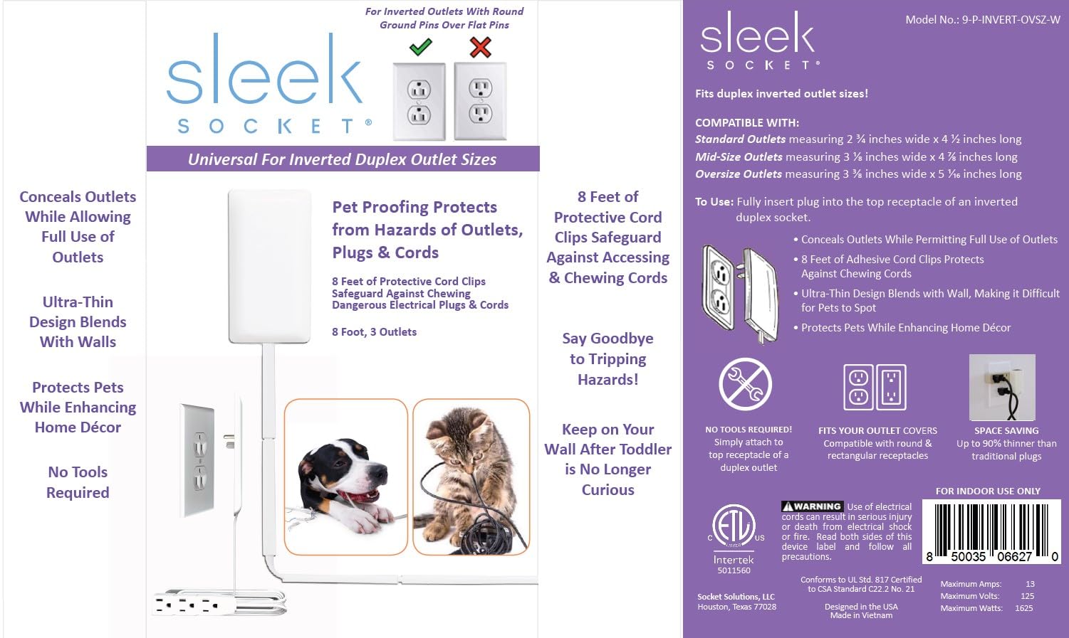 Protetor De Tomada Sleek Socket à Prova De Crianças E Pets | 3 Saídas Com Clipe De Segurança