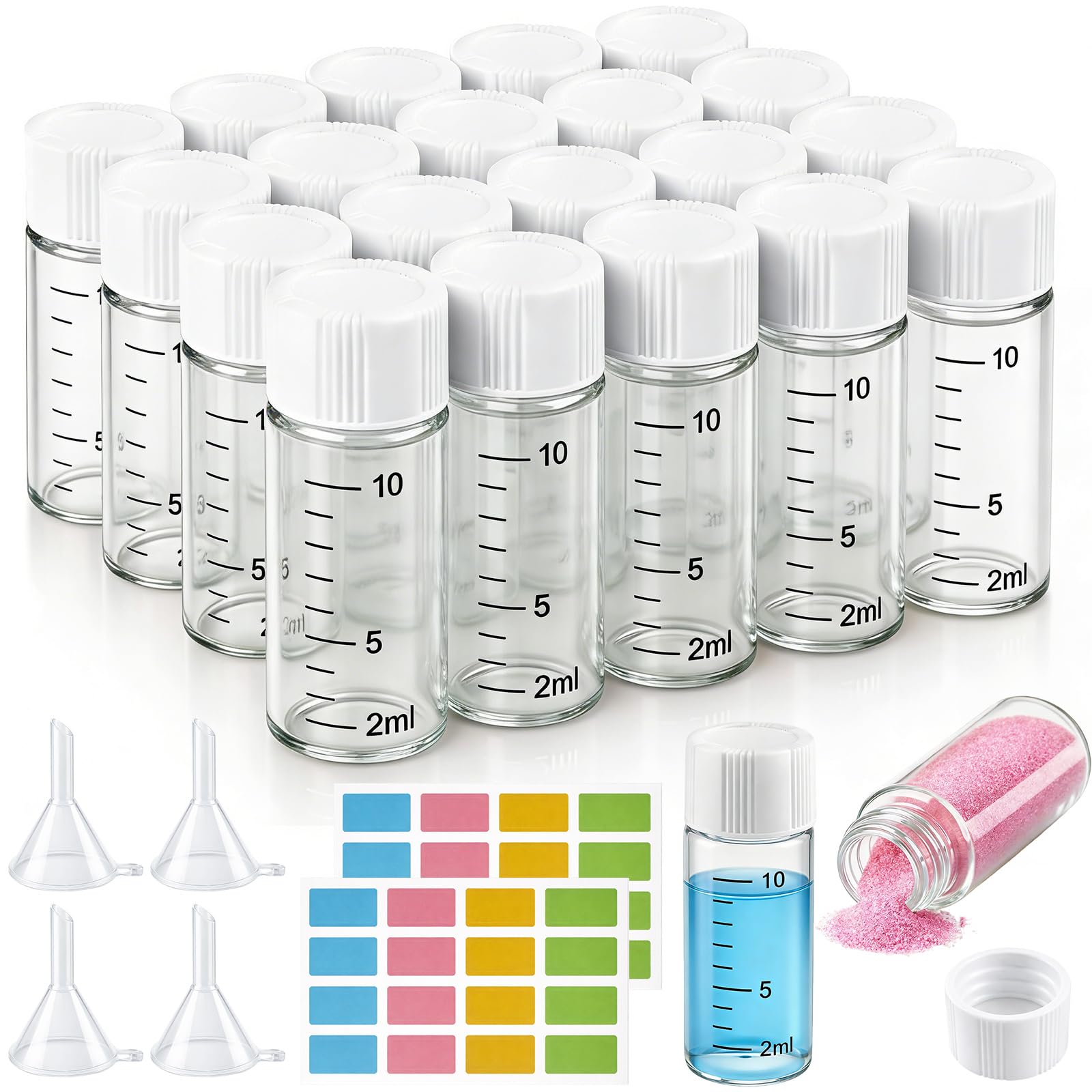 20 flaconcini di campione da 10 ml, piccole fiale di vetro con tappo a vite bianco, trasparente, campionamento di vetro, mini bottiglie di vetro con scala, flaconcini da laboratorio per