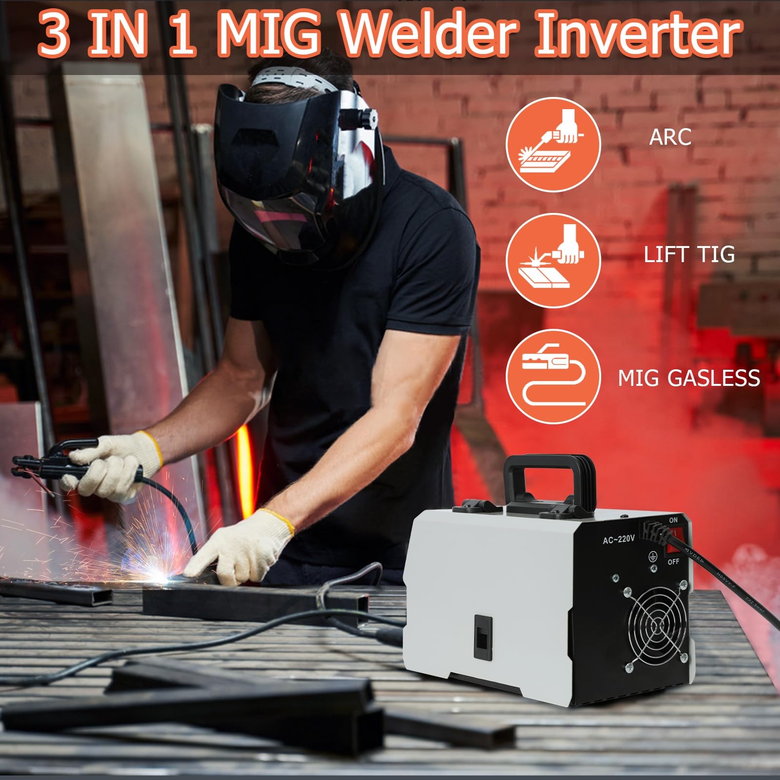tinysiry 3 in 1 MIG saldatore inverter, saldatrice digitale LED, MIG senza gas, TIG saldatori multiproce con protezione regolabile corrente e UE