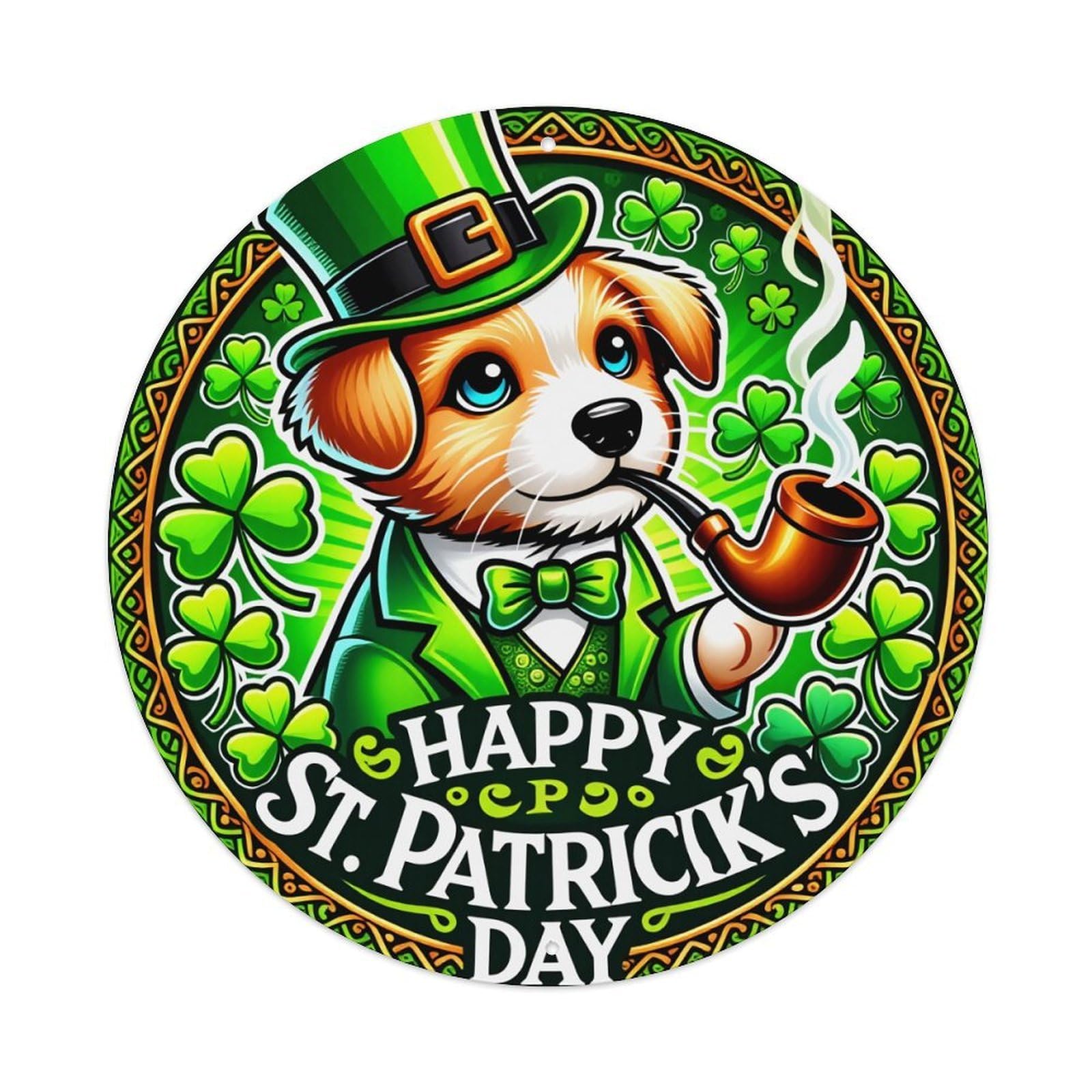 St Patrick's Day Dog With Pipe Round Tin Sign Retro Metal Sign for Cafe Bar Pub Home Game Room Gym Club Wall Decoration Vintage Metal Poster 8x8 Inch