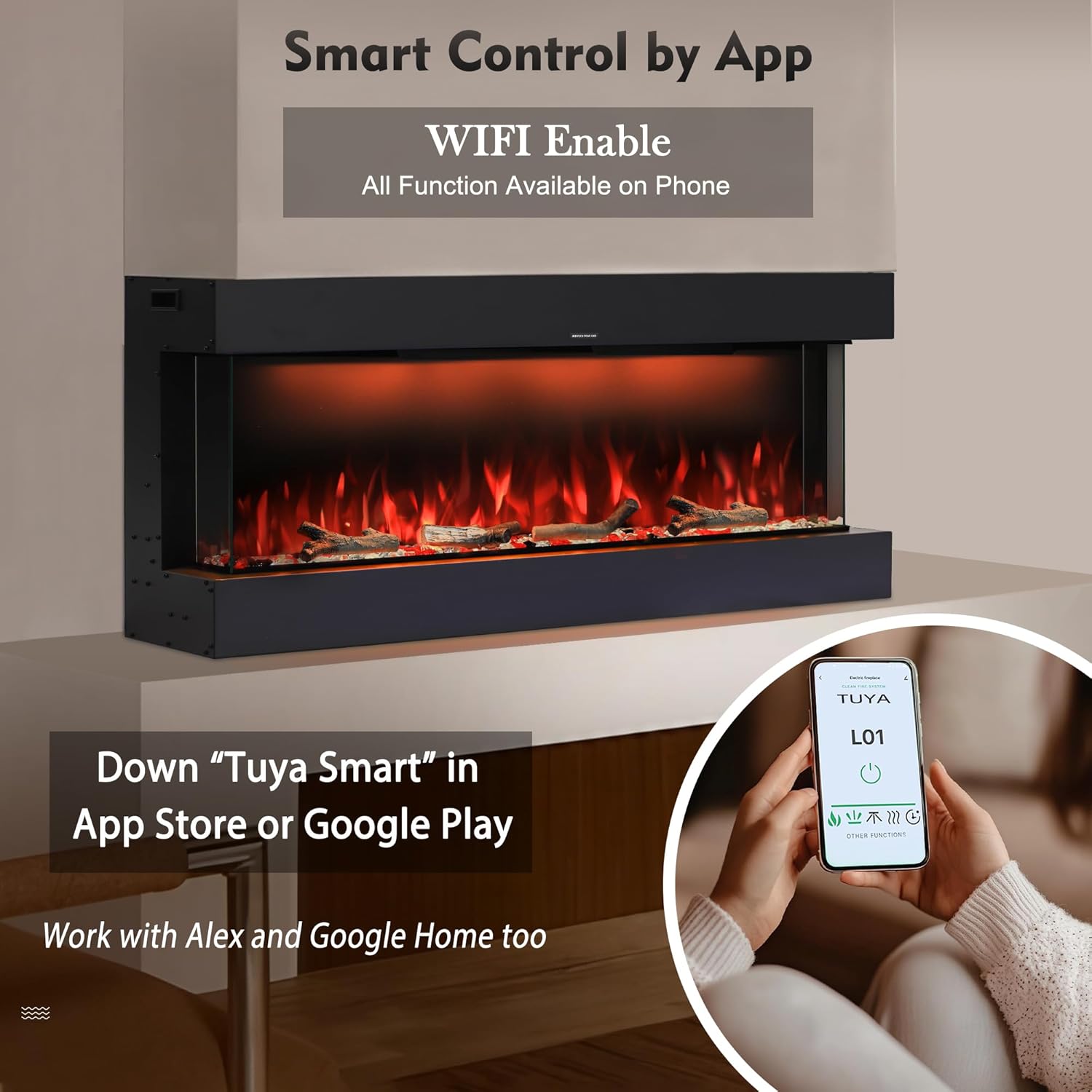 36" WiFi Electric Fireplace, 3-Sided Glass Fireplace Heater with Timer & Thermostat, 13×13 Flame & Fuel Bed Colors with Top Light, Adjustable Sound Volume, Log & Crystals, Work with Alex