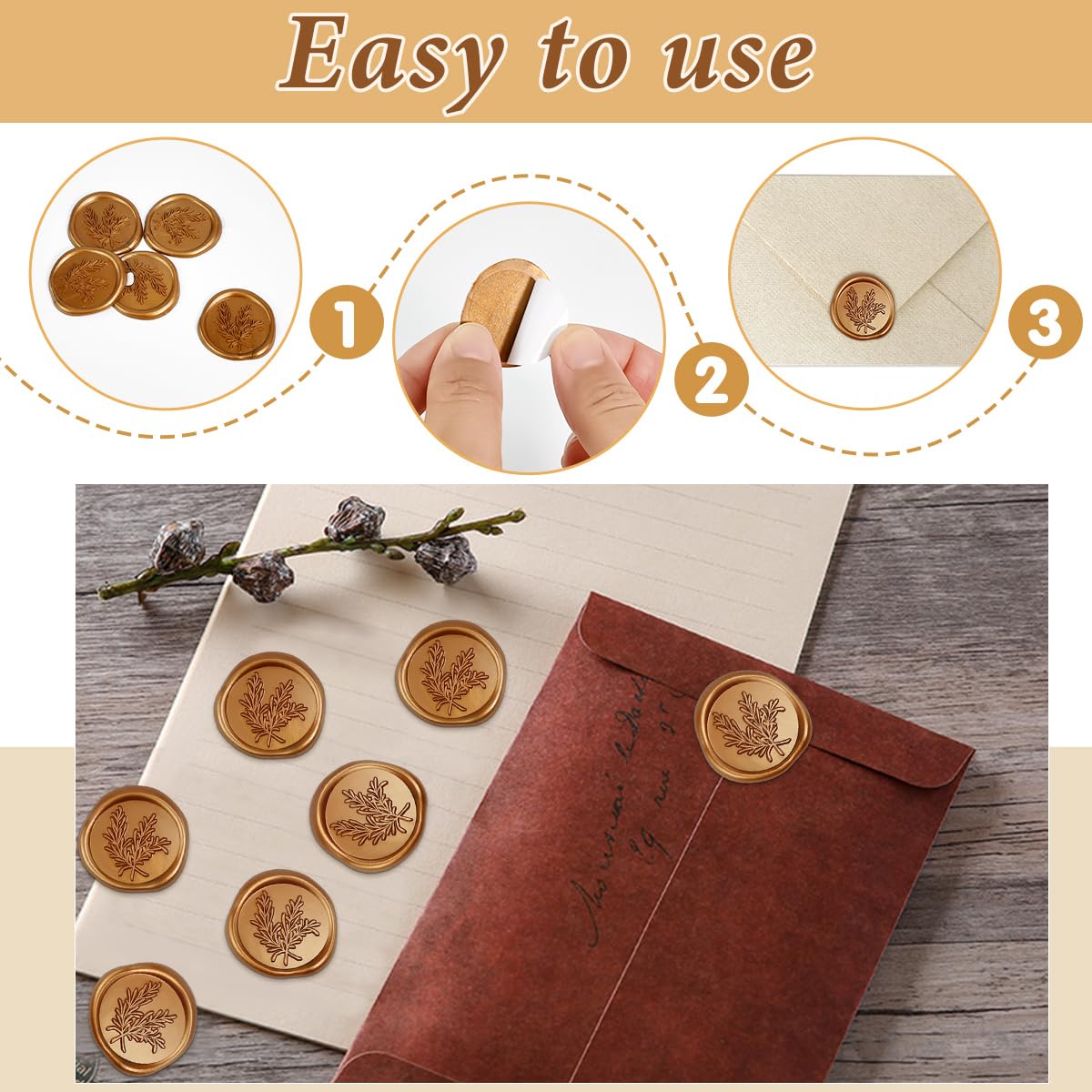 50PCS Sellos de Cera Autoadhesivo Pegatinas, Sellos de Lacre Adhesivo con Patrón de Romero, pegatinas para Sellar Sobres Doradas, Juego de Sellos de Pegatinas para Sobres de Boda Invitacion