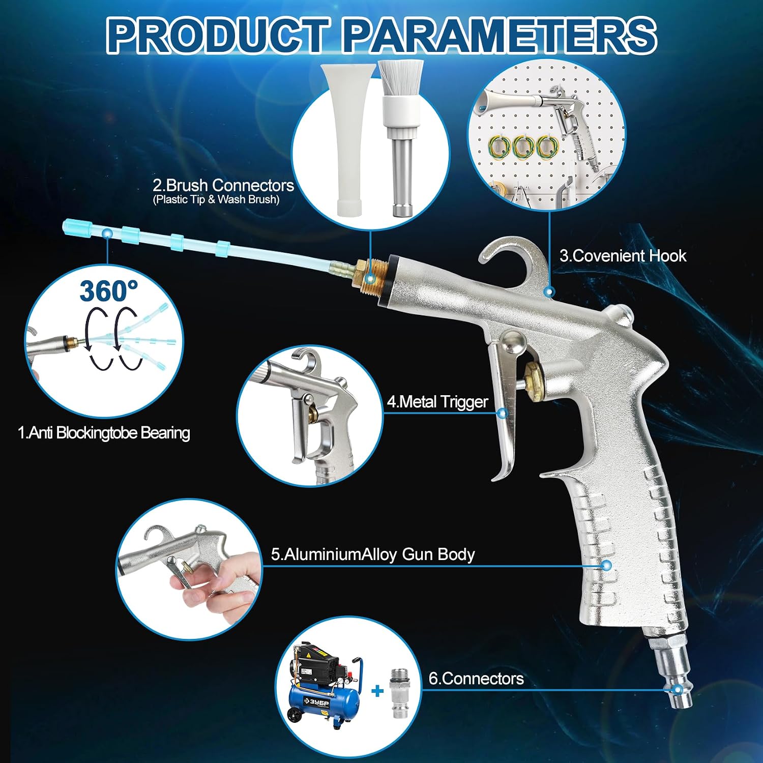 Tornado Car Cleaning Gun, Dry Car Detailing Tools, Aluminum Alloy Bearing Nozzlefor, Car Quickly Blasts Dirt and Dust Works with Air Compressor (Silver)