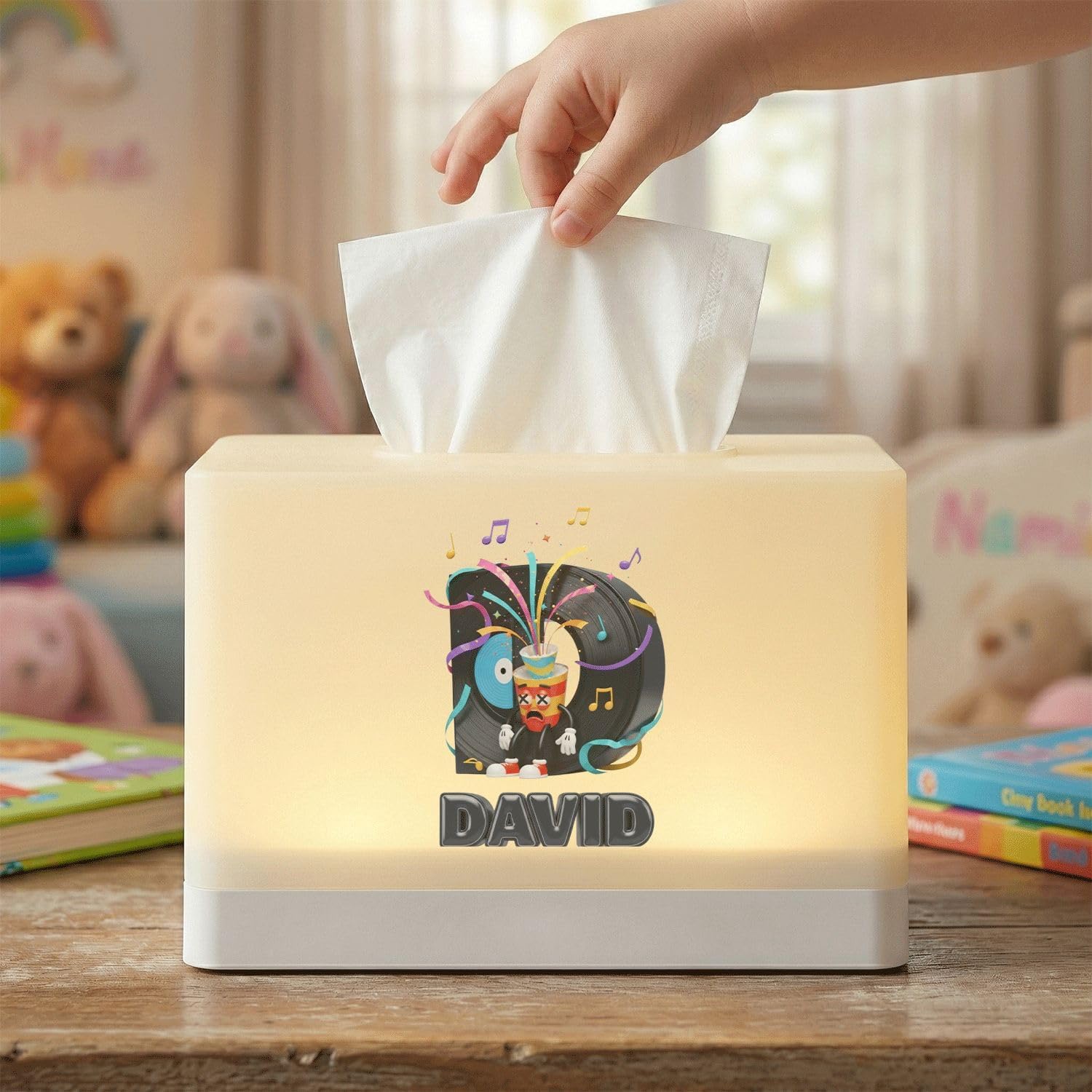 Personalized DJ Music Record Tissue Box Cover with LED Night Light, Custom Name Illuminated Tissue Dispenser for Bedroom, Rechargeable image 5