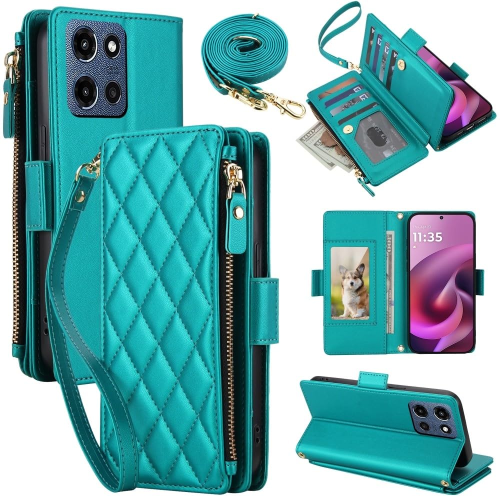 Étui en cuir Motorola G Power 2025 vert à clapet motif grille raffiné