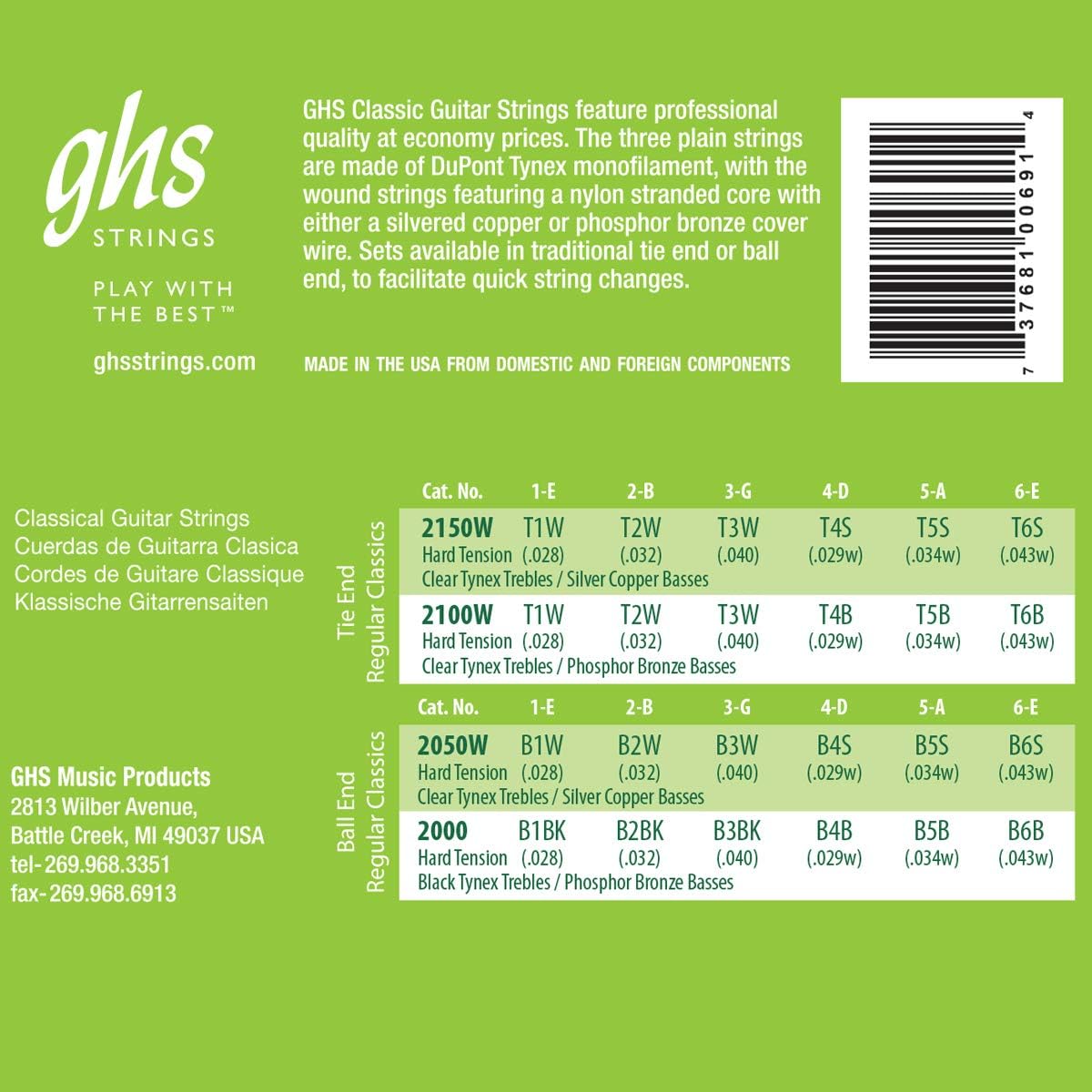 GHS Strings 2050W Ball End Regular, Classical Guitar Strings, High Tension, Silver Copper Basses (28-43)