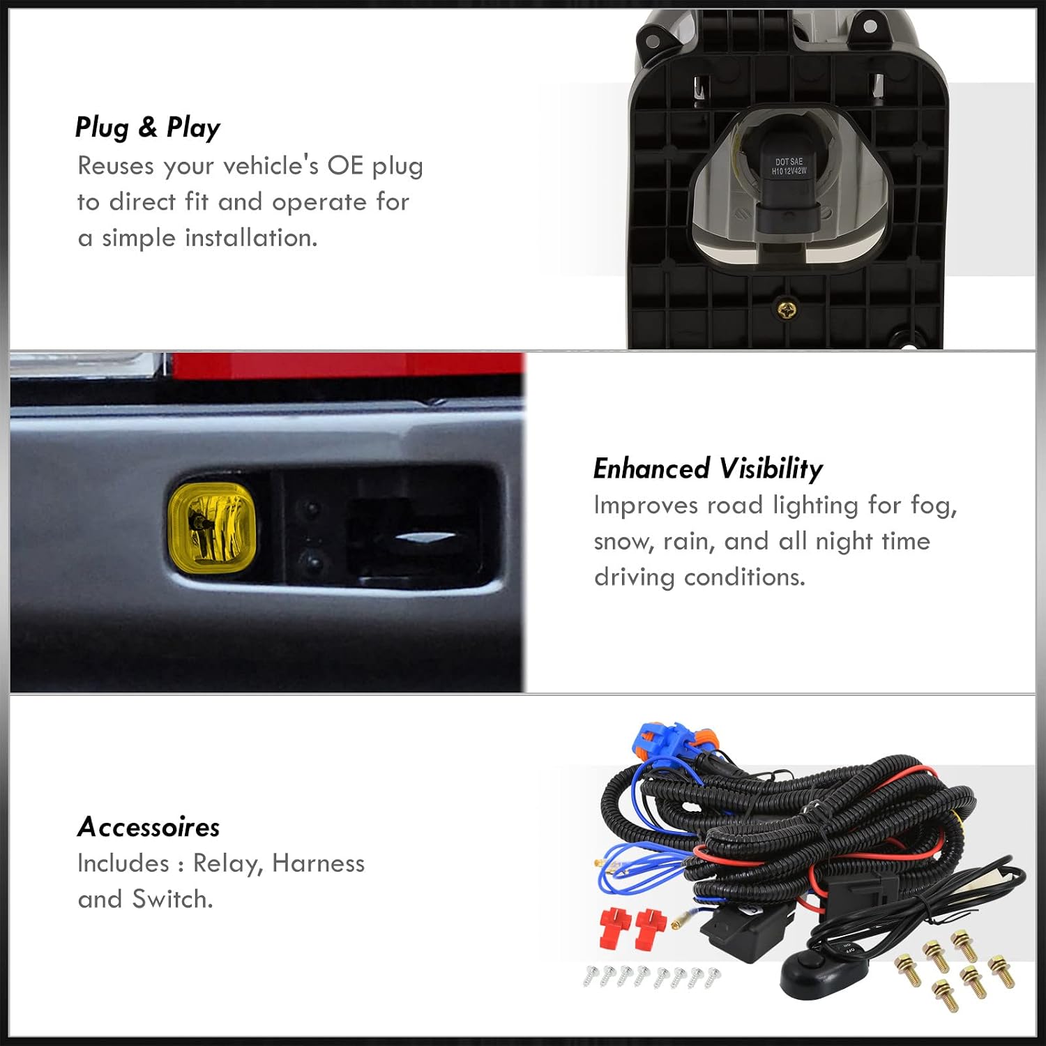 AJP Distributors Yellow Lens Front Bumper Fog Lights Driving Lamps Assembly Pair LH RH + Bezel Bulbs Switch Wiring Harness Compatible/Replacement For Ford F250 F350 F450 F550 Super Duty 2008 2009 2010