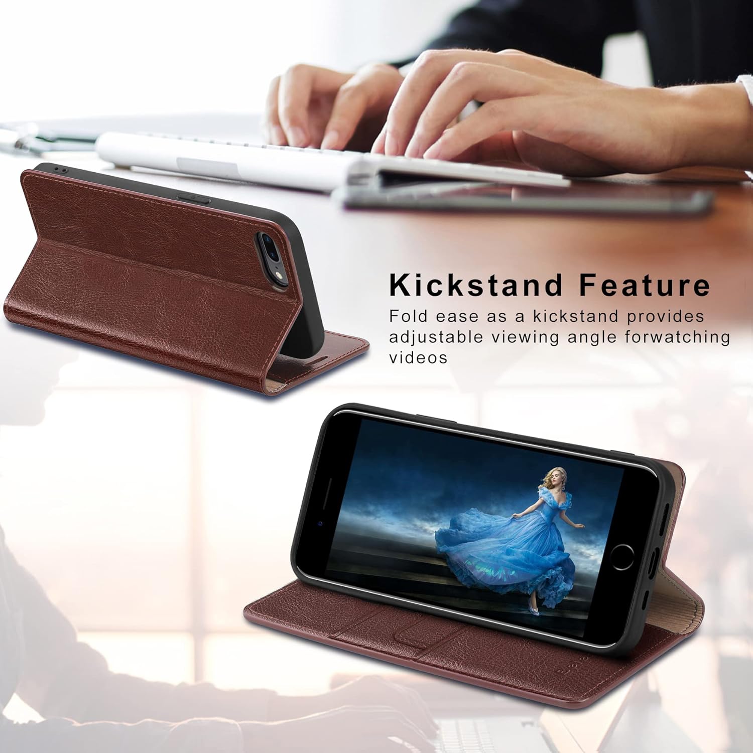 Belemay Compatible with iPhone 8 Plus Wallet Case, Genuine Cowhide Leather Flip Case Folio Cover [Soft TPU Inner Case] Card Holder Slots, Kickstand, Cash Pockets Compatible with iPhone 8 Plus, Brown