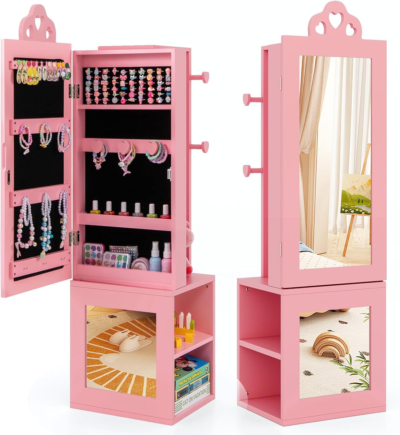 HONEY JOY Kids Jewelry Armoire Cabinet, Wooden Standing Jewelry Organizer w/Full-length Mirror and Garment Rack, 2 Tier Storage Shelves, Children Dress Up Jewelry Cabinet for Little Girls (Pink)