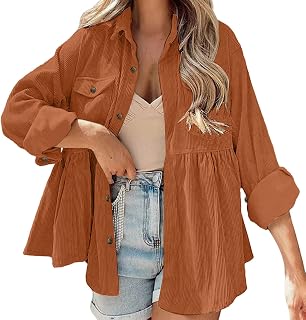 Xbemkste Blouses Women's Corduroy Button Shirts Plain Casual Long Sleeve Loose Shirts Tops with Pockets Top Women's White Blouse Women