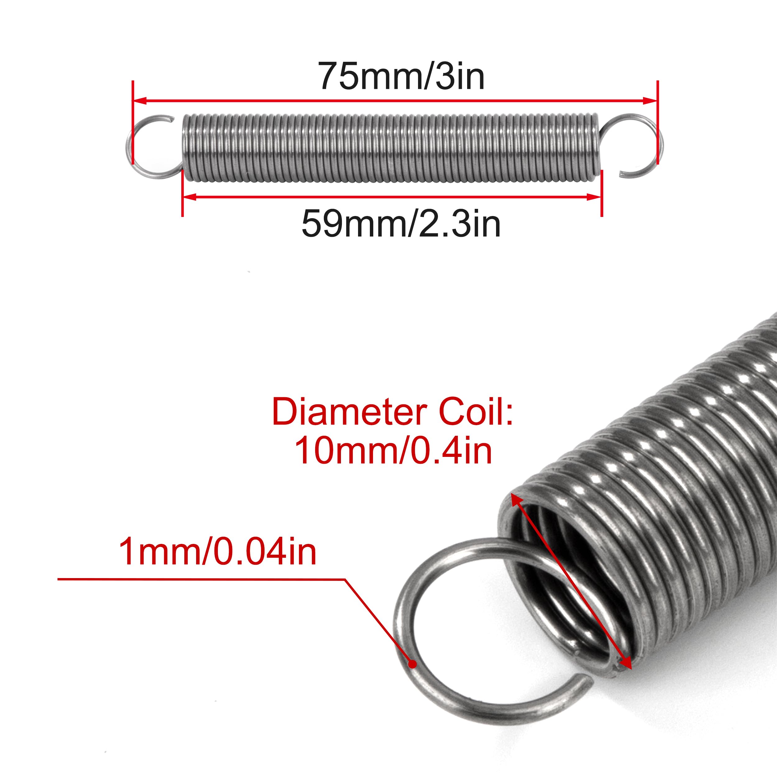 Sprężyna trakcyjna 75 mm Sprężyny napinające z haczykami sprężyny ze stali nierdzewnej średnica drutu 1,0 mm średnica zewnętrzna 10 mm, siła 1,5 kg, 4 sztuki