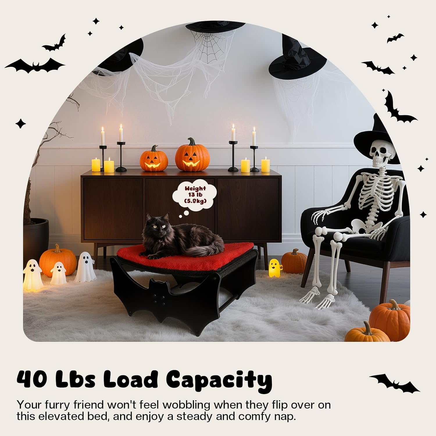 Halloween Gothic Cat Bed with Bat Design, Wooden Elevated Cat Beds with Sisal Scratching Mat, Cats Scratcher Bed with Removable Fluffy Cushion, Raised Pet Bed for Large Cats, 22" L x 17.7" W, Black