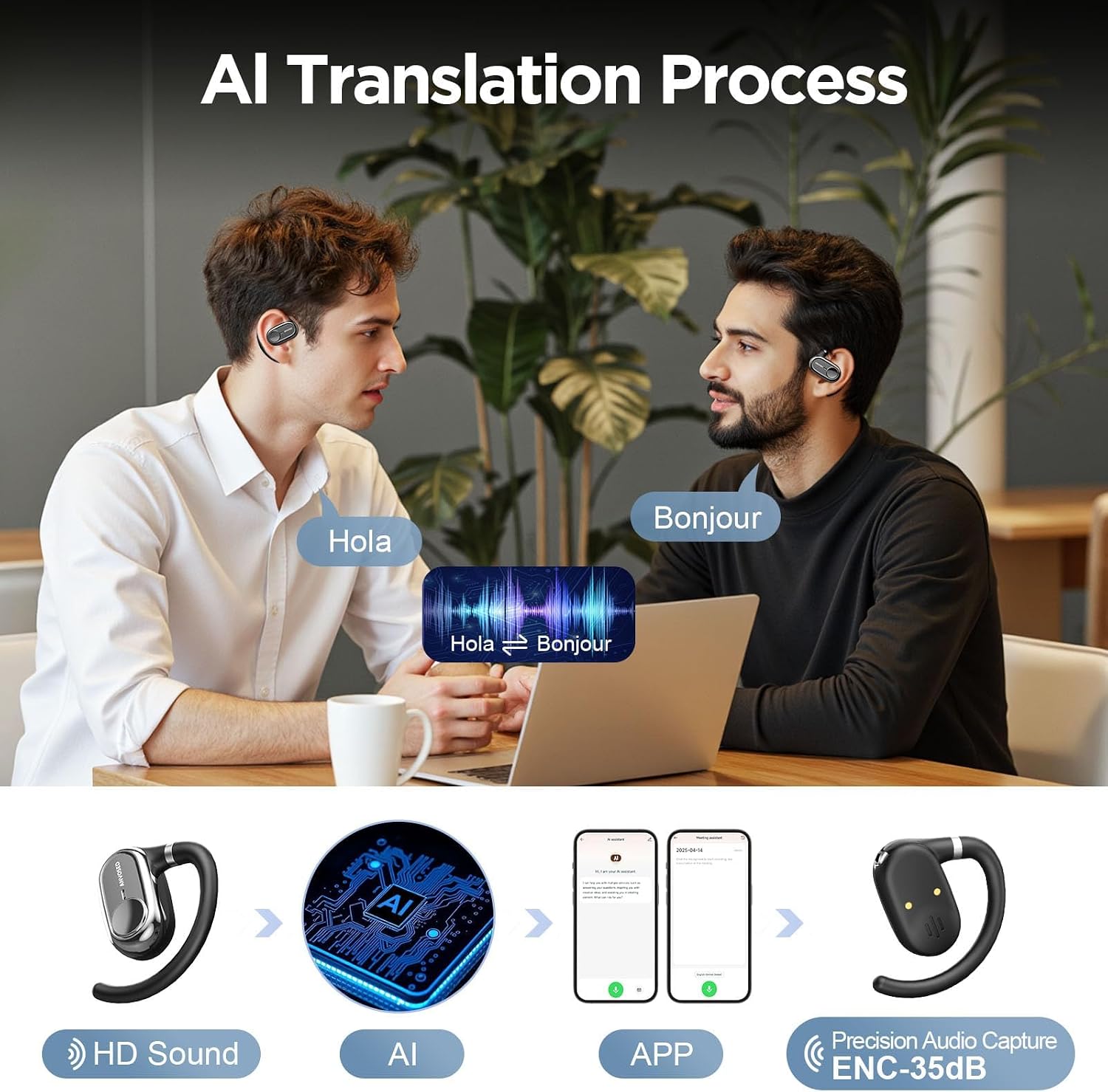 144-Language 5-in-1 Translation Earbuds, AI Translation Earbuds Real Time for Android and iPhone, Translate Calls Transcription Music for Travel with APP (Black)