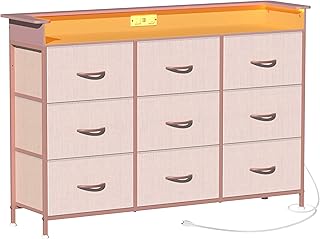 EXOTICA Pink Dresser with LED Light for Girls Bedroom 9 Drawer Dressers with Charging Station Chests of Drawers for Living Room Entryway Closet Hallway Sturdy Steel Frame Wooden Top Easy Pull Handle - Buy now