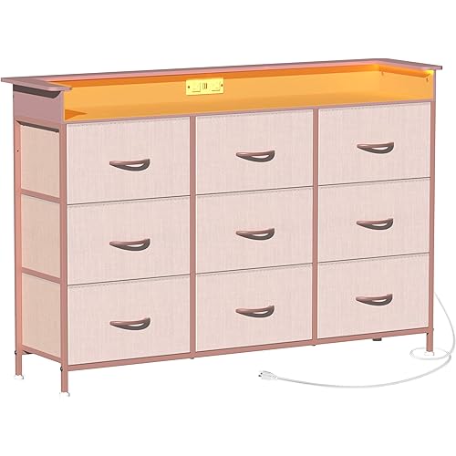 EXOTICA Pink Dresser with LED Light for Girls Bedroom 9 Drawer Dressers with Charging Station Chests of Drawers for Living Room Entryway Closet Hallway Sturdy Steel Frame Wooden Top Easy Pull Handle