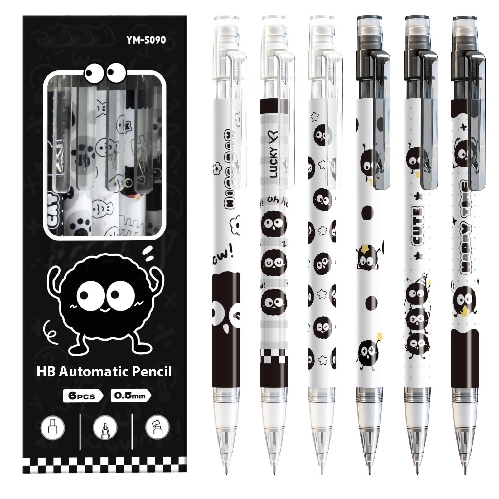 Lot de 6 crayons mécaniques noirs mignons de 0,5 mm avec gomme