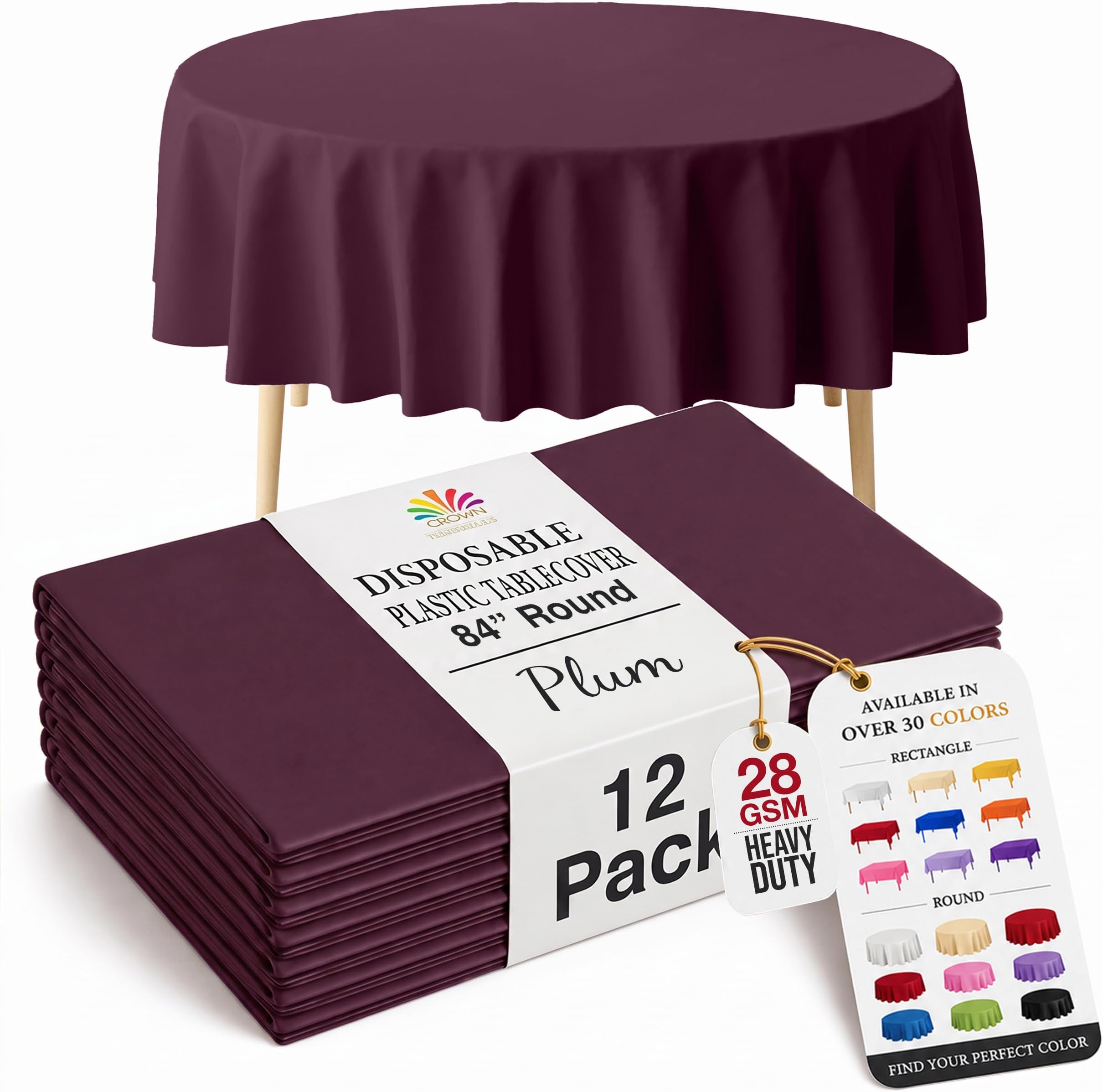 Exquisite 12-Pack Premium Plastic Tablecloth 84in. Round Table Cover - Plum