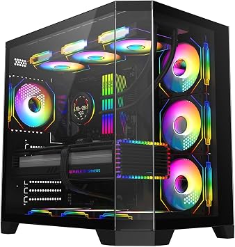 CiT DS360 Gaming PC Case ATX Mid Tower, 4 ARGB Fans, Computer Case, Black | Panoramic dual-chamber ATX mid tower gaming case with 4 ARGB fans, a 360mm radiator mount and space for up to 10 fan slots